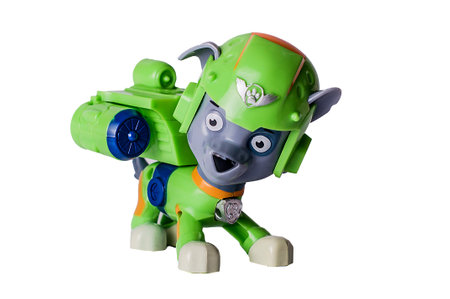 7 November 2019, Voronezh, Russia. Macro photography of Paw Patrol character Rocky on a white background. Popular child cartoons around the world. Illustrative editorial.のeditorial素材