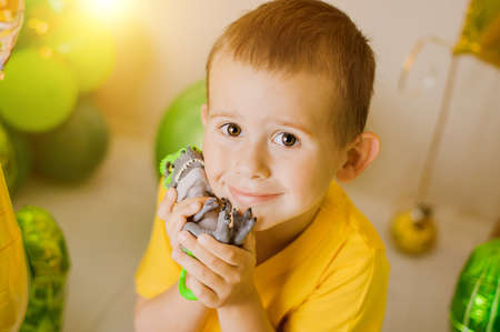 Little boy in a room decorated for a birthday party with golden, green and yellow baloons, large...