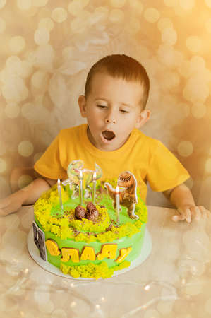 Little boy with beautiful yellow birthday cake with dinosaurs. Translation: Vlad is 4.の写真素材