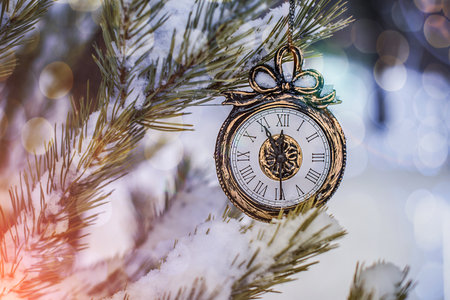 New year and Christmas clock hanging on a snowy fir tree in the forestの写真素材