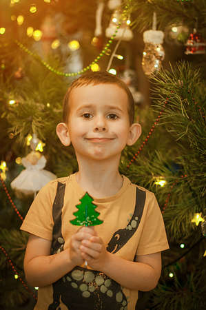 Little boy having fun near a christmas tree with a candy in shape of a fir tree at homeの写真素材
