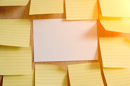 White blank piece of paper on a wooden texture background surrounded with yellow blank notes. Empty copy spaceの写真素材