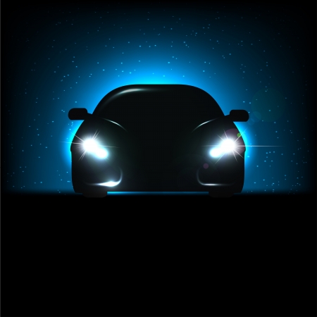 Silhouette of car with headlights on black background. のイラスト素材