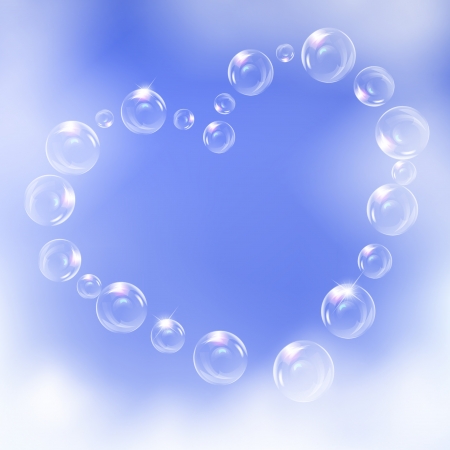 Heart of realistic bubbles,symbol of love, against blue sky background.のイラスト素材