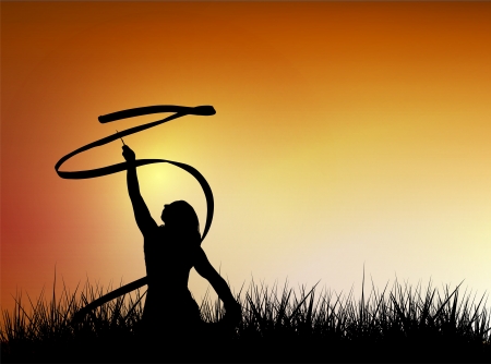 Vector silhouette of young woman with tape in field against sunset sky のイラスト素材