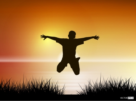 Vector silhouette of young boy jumping in lake against sunset sky  Freedom concept のイラスト素材