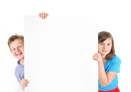 Happy boy and girl with place for your text.の写真素材