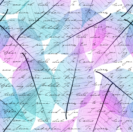 Seamless  leaves background with I love you inscription in different languages.の写真素材