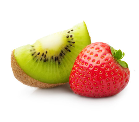 Kiwi fruit slice and strawberry isolated on whiteの写真素材