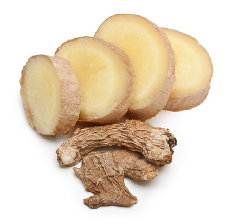 Dried and fresh ginger isolated on white background.