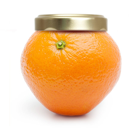 Orange fruit like jam jar isolated on white background.の写真素材
