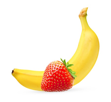 Ripe banana and berry strawberry isolated on white backgroundの写真素材