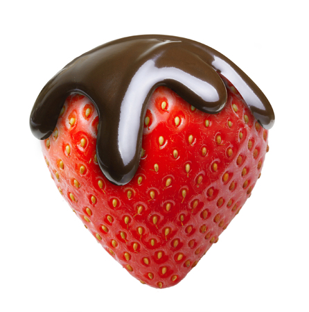 Chocolate drop on red berry strawberry isolated on white backgroundの写真素材