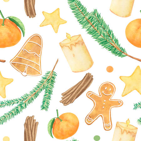 Watercolor New year pattern with mandarins, candles, gingerbread, tree. Hand painted Christmas traditional symbolsの写真素材