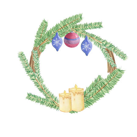 Watercolor christmas wreath with christmas tree, balls and candles. Hand painted illustrations. Symbols of new year.の写真素材