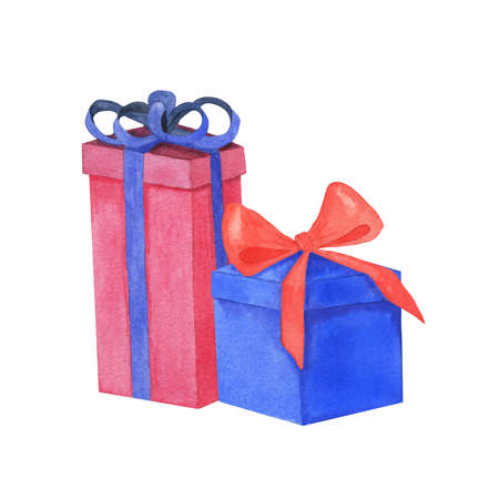 Watercolor Christmas gifts. Pink and blue gifts. Hand painted illustration for design.の写真素材