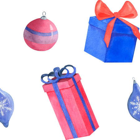 Watercolor hand painted seamless pattern with Christmas illustrations. Presents and christmas ball.