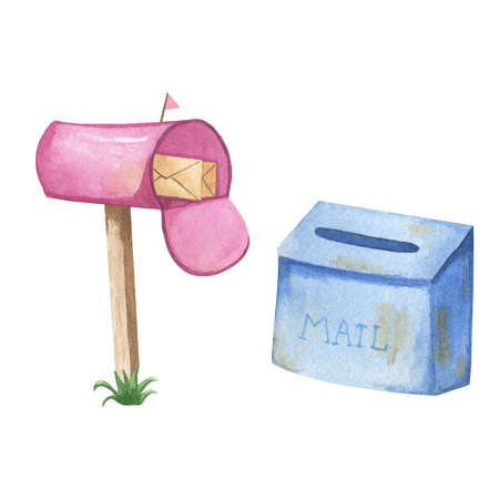Watercolor hand-drawn mailboxes, vintage illustrations for designの写真素材