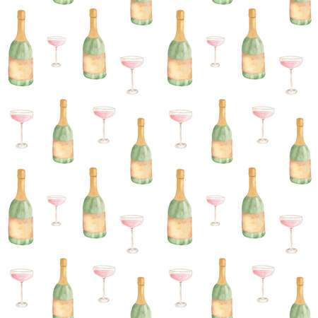 Watercolor pattern with champange and glass. Design for print on textile, wrapping paper. Holiday illustration.の写真素材