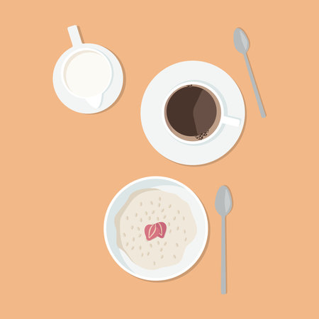 Breakfast: coffee, milk, oatmeal porridge with strawberries. Vector illustration.のイラスト素材