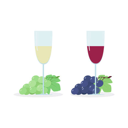 Set: a glass of wine and grapes. Red and white wine. Vector illustration.のイラスト素材