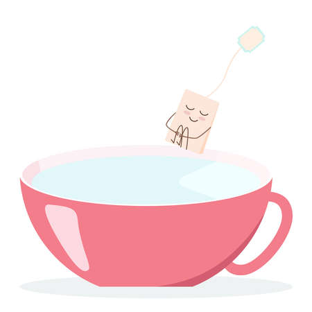 A funny tea bag jumps into a cup of water. Vector illustration.のイラスト素材