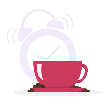 A cup of coffee and coffee beans on the background of the alarm clock. Vector illustration.のイラスト素材