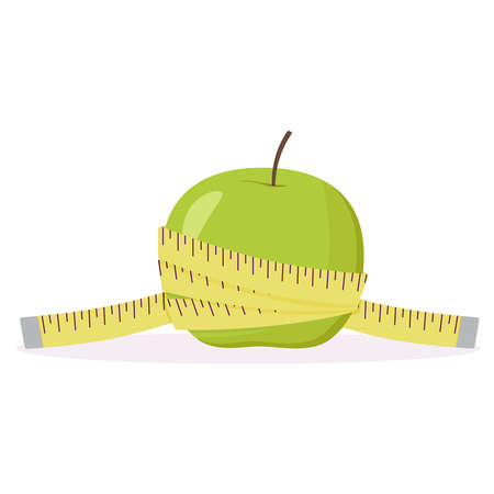 Measuring the size of a green apple. Proper nutrition. Vector illustration.のイラスト素材
