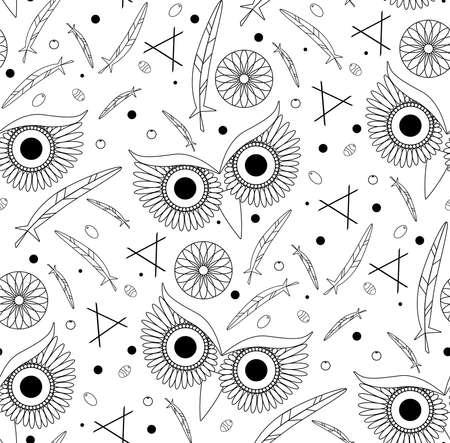 Seamless pattern. Black and white owl eyes, ethnic elements with feathers. Vector illustration.のイラスト素材