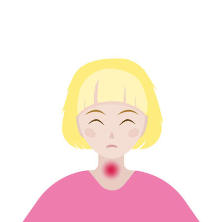 The girl winces at the pain in her throat. Sore throat in a child. Vector illustration.のイラスト素材