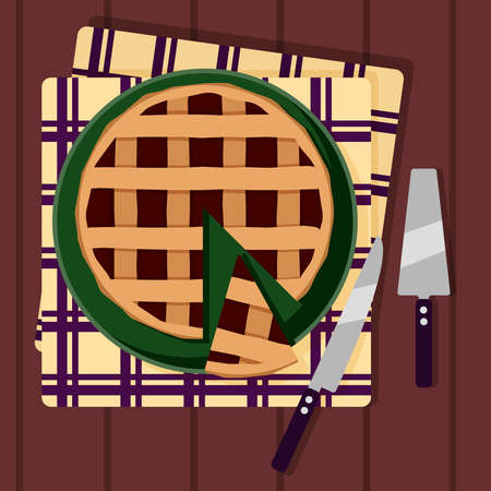 Cherry pie and cutlery on a wooden table. Vector illustration.のイラスト素材