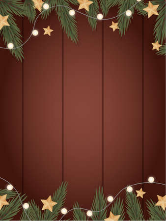 Frame made of spruce branches and garlands on a wooden background. Vector illustration.のイラスト素材