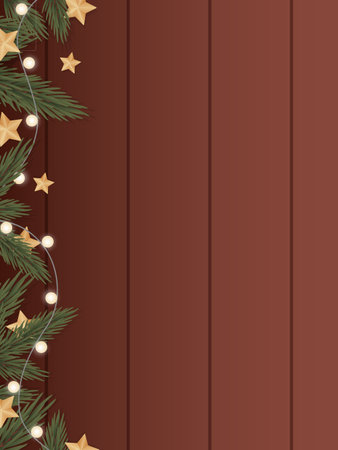 Frame made of spruce branches and garlands on a wooden background. Vector illustration.のイラスト素材