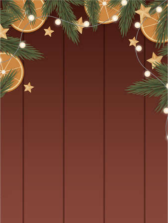 Frame made of spruce branches, oranges, garlands and star on a wooden background. Vector illustration.のイラスト素材