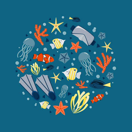 A circle of sea fish and other marine life. Vector illustration.