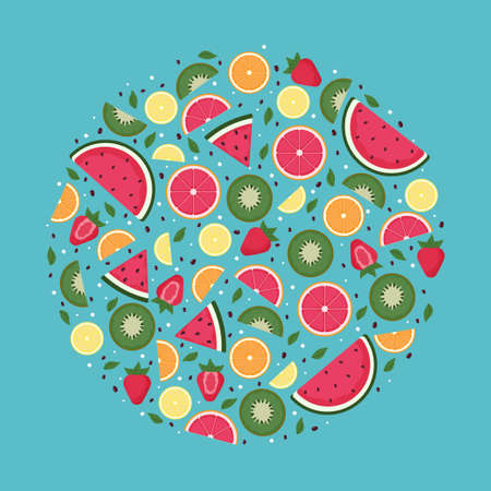 A circle of tropical fruit slices. Bright sliced fruits. Vector illustration.のイラスト素材