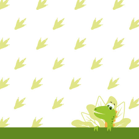 A cute dinosaur peeks out from behind the strip on the background of dinosaur tracks. Children's...