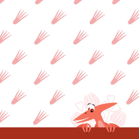 A cute flying dinosaur peeks out from behind the strip on the background of dinosaur tracks. Children's illustration. Vector illustration.のイラスト素材