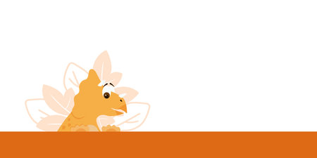 A cute dinosaur triceratops peeks out from behind the strip. Children's illustration. Vector illustration.のイラスト素材
