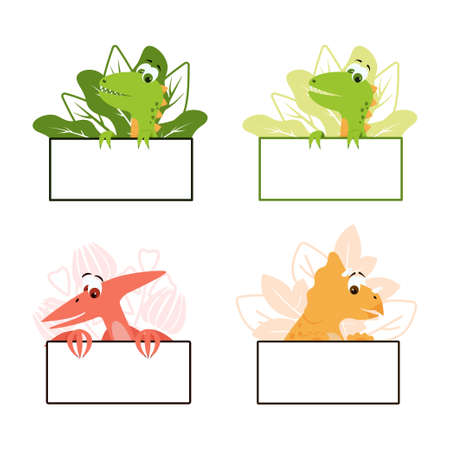 Set - A cute dinosaur is holding an empty sign. Children's illustration. Vector illustration.のイラスト素材