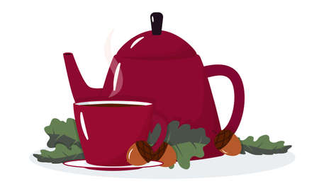 A teapot and a cup of hot tea on the background of oak leaves and acorns. Autumn. Vector illustration.のイラスト素材