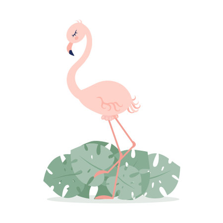 Cute pink flamingo on the background of monstera leaves. Vector illustration.のイラスト素材