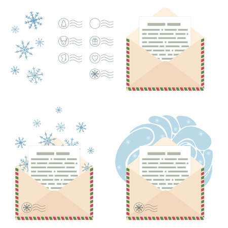 A set of letters, postmarks and snowflakes. Christmas mail. Congratulations and a letter to Santa Claus. Vector illustration.のイラスト素材