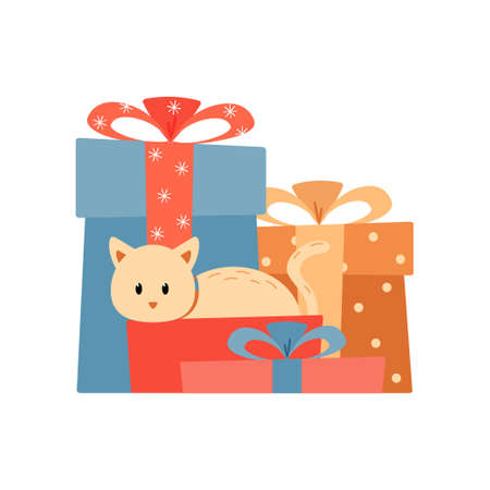 Cute cat in a box on the background of gifts. Vector illustration.のイラスト素材