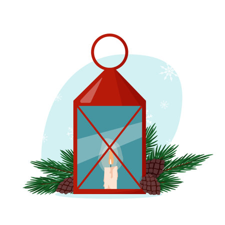 A red lantern with a burning candle and decoration of spruce branches and cones. Christmas card. Vector illustration.のイラスト素材