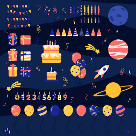 A set of elements for a cosmic birthday. Theme party. Vector illustration.のイラスト素材
