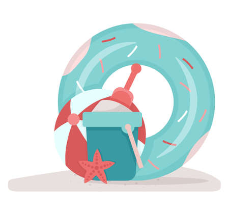 Children's beach holidays. A bucket of sand and ball on the beach. Vector illustration.のイラスト素材