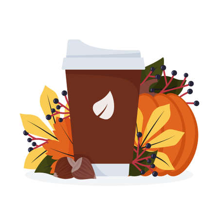 A cup of coffee and autumn leaves, pumpkin and nuts. autumn coffee. vector illustration.のイラスト素材