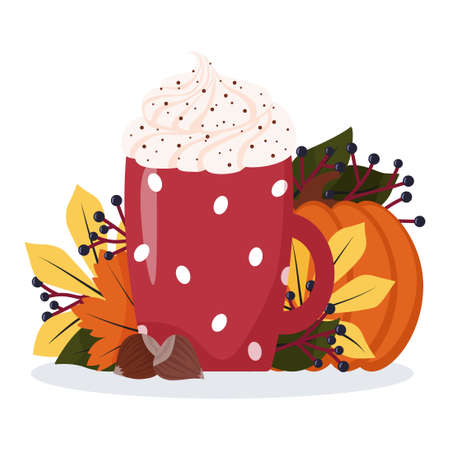 A cup with a warm drink and whipped cream on the background of autumn leaves and pumpkins. vector illustration.のイラスト素材
