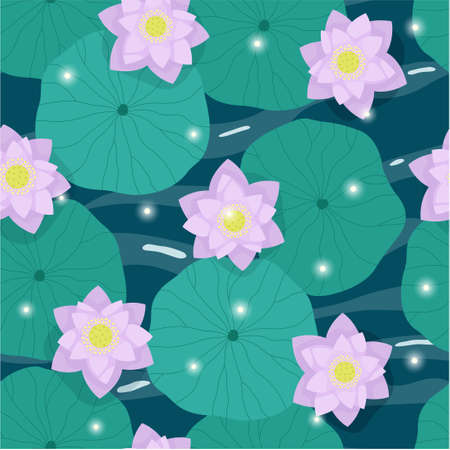 Seamless pattern - lotus flowers and leaves on dark water. vector illustration.のイラスト素材
